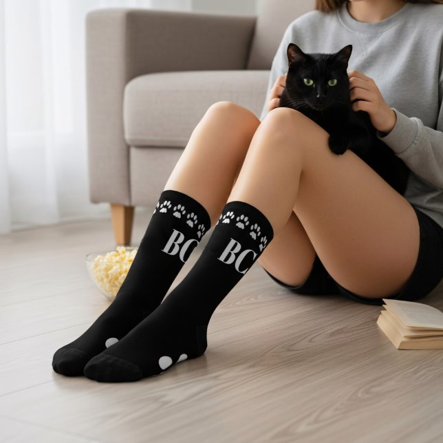Cat Mum Monogram Black and White Paw Print Socks (Socks for the cat mom (or cat dad) Add your initials)