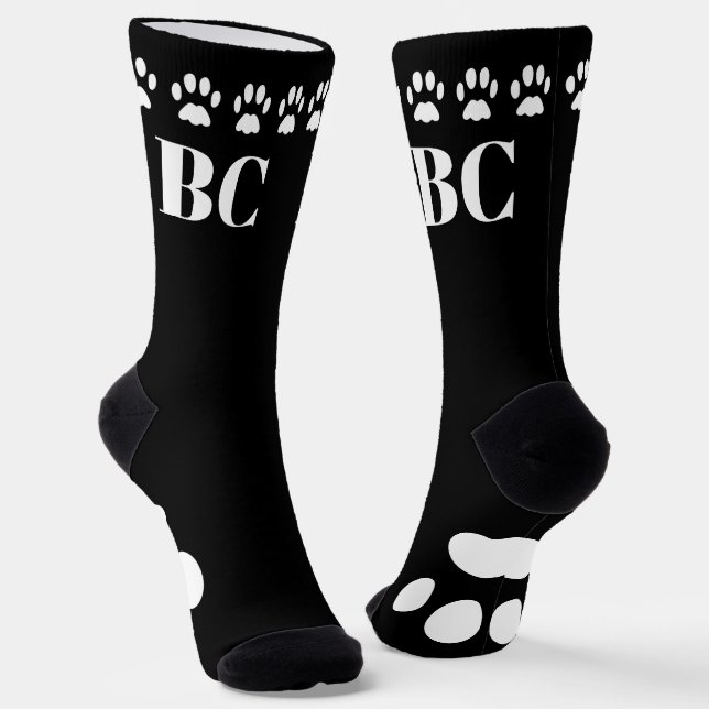 Cat Mum Monogram Black and White Paw Print Socks (Angled)