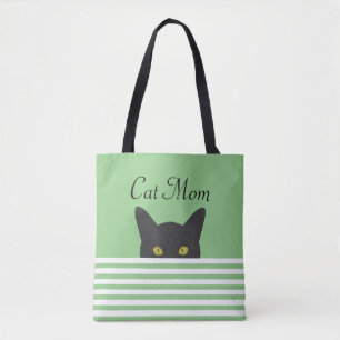 Cat Mum Peeking Black Cat Green Stripe Shoulder Tote Bag