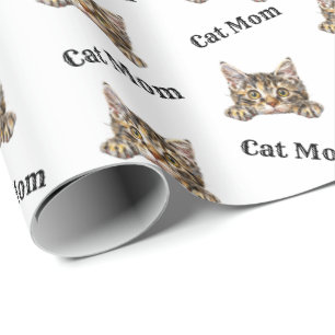 Cat Mum Peeking Kurilian Bobtail Repeating Pattern Wrapping Paper