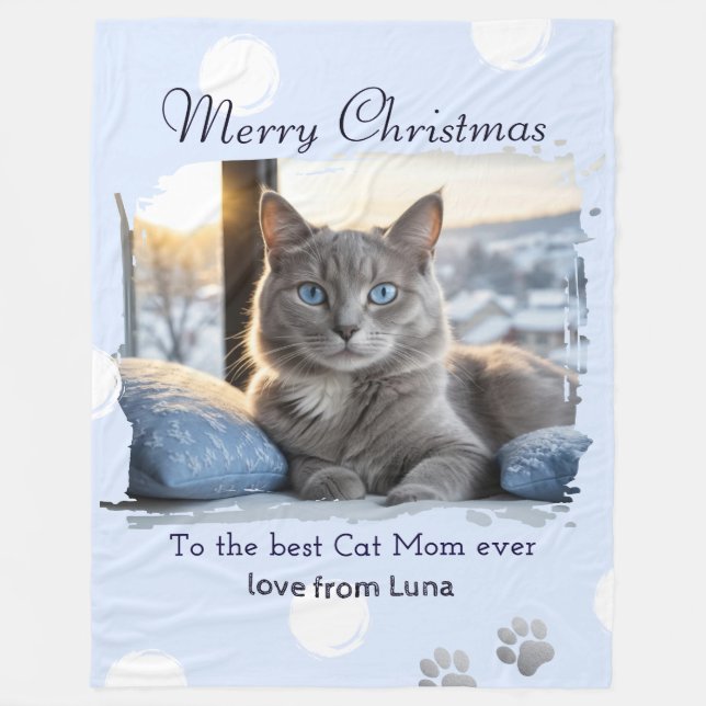 Cat Mum Personalised Pet Photo Christmas Fleece Blanket (Front)