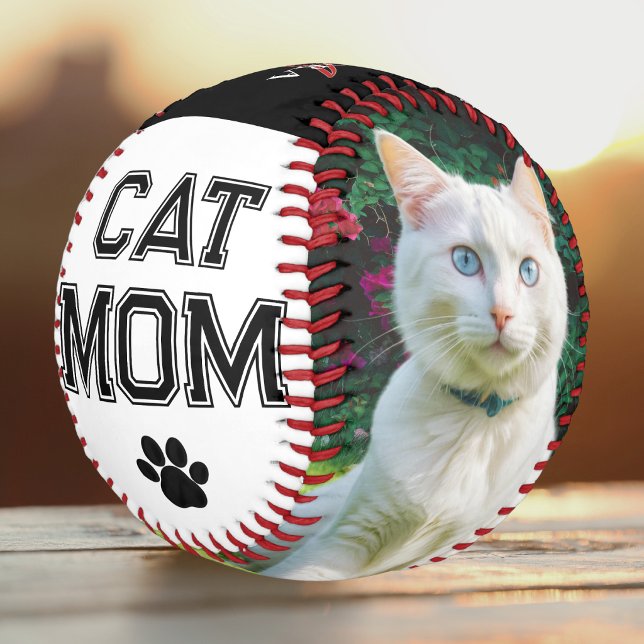 Cat Mum Pet Photos Cute Keepsake Baseball (A baseball for the "Cat Mom" with custom pet photo, sporty font and pawprint detail)