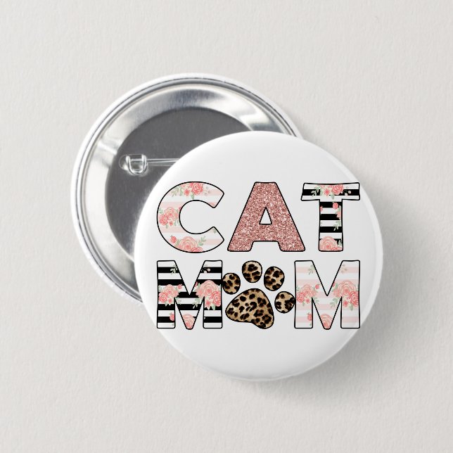 Cat Mum Pink Floral & Leopard Paw 6 Cm Round Badge (Front & Back)