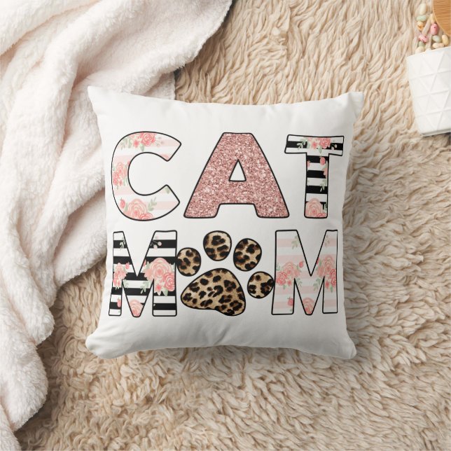 Cat Mum Pink Floral & Leopard Paw Cushion (Blanket)
