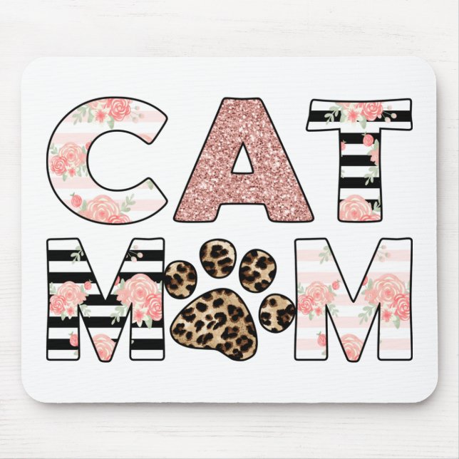 Cat Mum Pink Floral & Leopard Paw Mouse Mat (Front)