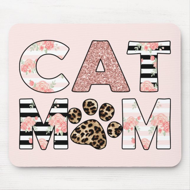 Cat Mum Pink Floral & Leopard Paw Mouse Pad (Front)