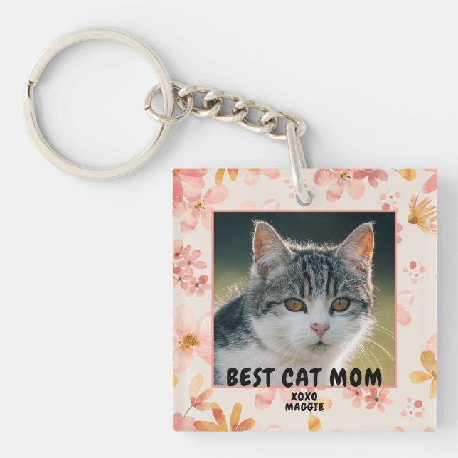 Cat Mum Pink Floral Photo  Key Ring (Front)
