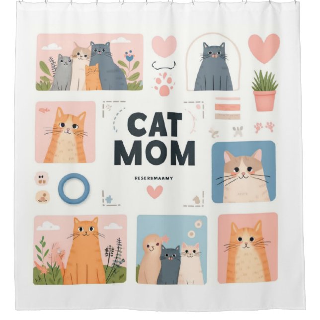 "Cat Mum" Shower Curtain with Adorable Kittens (Front)