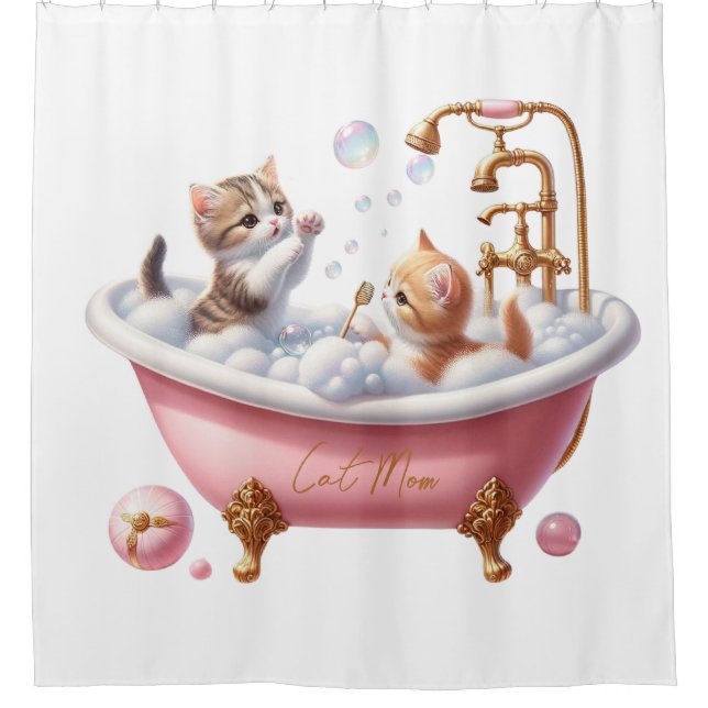 "Cat Mum" Shower Curtain with Adorable Kittens (Front)
