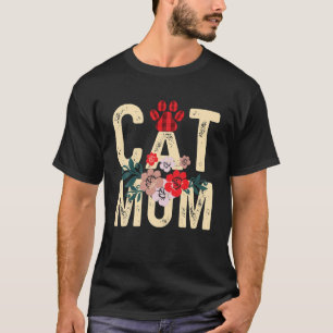 Cat Mum Vintage Flowers Red Plaid Cat Paw Kitty Lo T-Shirt