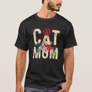 Cat Mum Vintage Flowers Red Plaid Cat Paw Kitty Lo T-Shirt