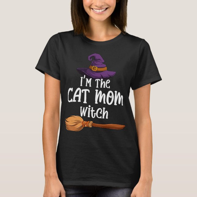Cat Mum Witch Funny Halloween Costume Hat & Broom T-Shirt (Front)