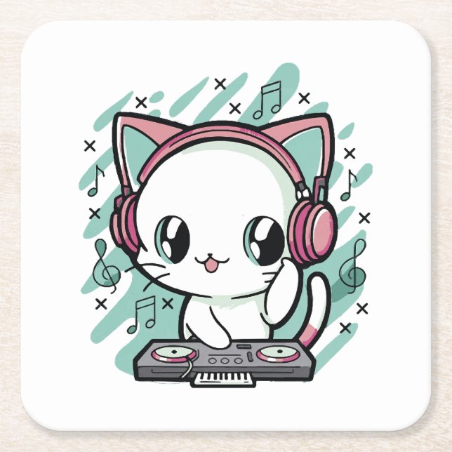 cat music square paper coaster (Front)