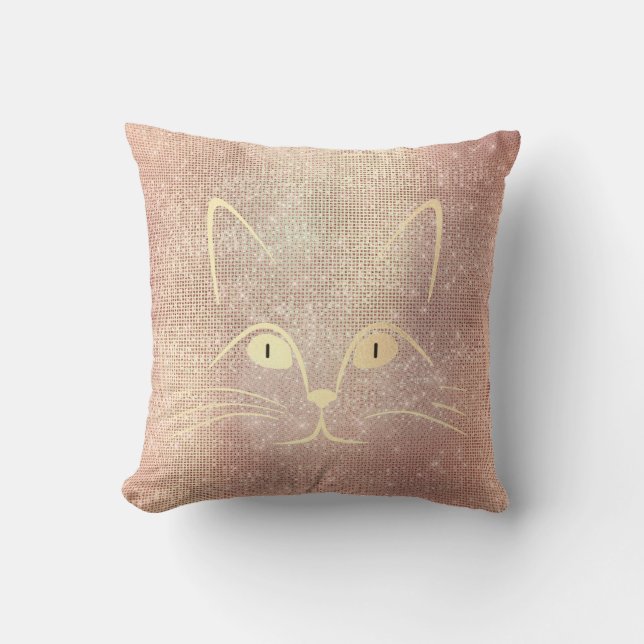 Cat Mustache Nose Eyes Foxier Gold Pink Rose Blush Cushion (Front)