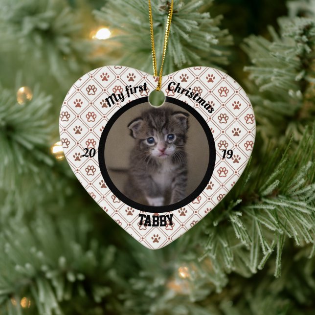 Cat My First Christmas Kitten Photo Name Heart Ceramic Tree Decoration (Tree)