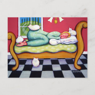 Cat Napping - A Women Naps with her White Cats Postcard