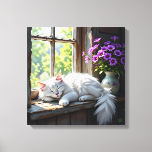 Cat Napping on the Window Sill   Purple Flowers Canvas Print