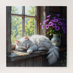 Cat Napping on the Window Sill   Purple Flowers Jigsaw Puzzle