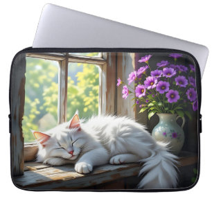 Cat Napping on the Window Sill Purple Flowers Laptop Sleeve