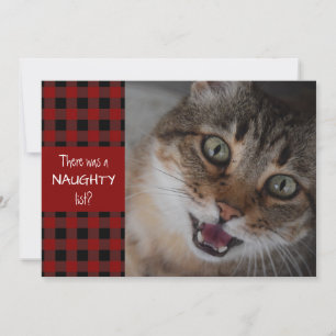 Cat Naughty or Nice Red Plaid MEOWY CHRISTMAS Holiday Card