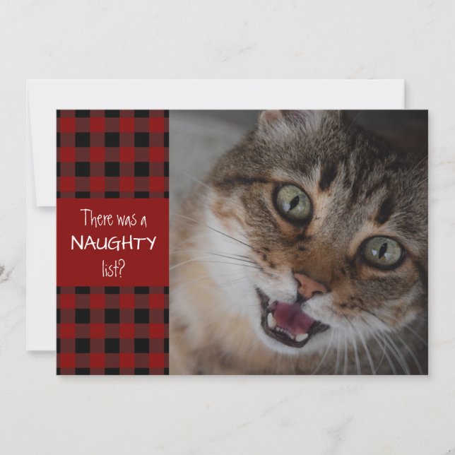 Cat Naughty or Nice Red Plaid MEOWY CHRISTMAS Holiday Card (Front)