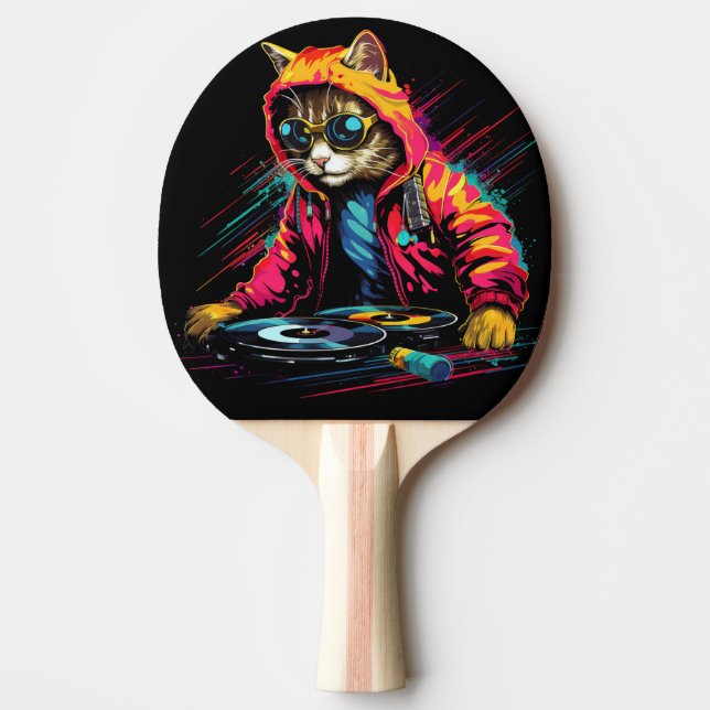 Cat Neon DJ with Headphones Ping Pong Paddle (Front)