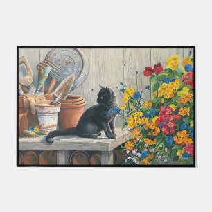 Cat Next To Booming Flowers Cute Black Cat Doormat