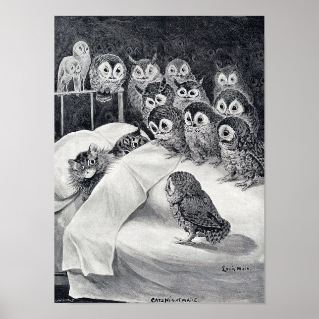 Cat Nightmare Owl Bird, Louis Wain Poster (Front)