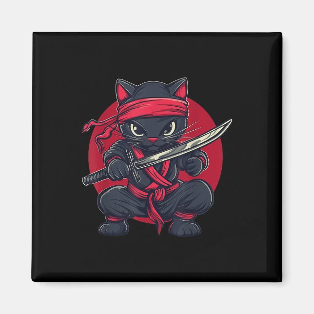 Cat Ninja Samurai Japan Japanese Flag Kawaii Funny Magnet (Front)