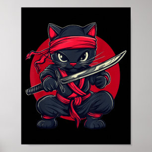 Cat Ninja Samurai Japan Japanese Flag Kawaii Funny Poster
