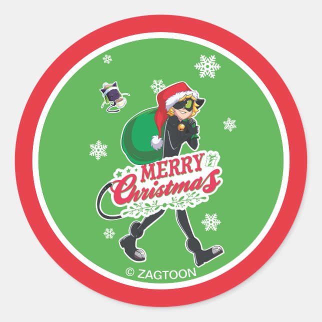 Cat Noir | Merry Christmas Classic Round Sticker (Front)