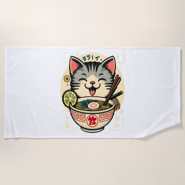 Cat Noodle Japanese Anime ga Kawaii Cat Beach Towel (Front)