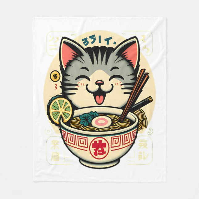Cat Noodle Japanese Anime ga Kawaii Cat Fleece Blanket (Front)