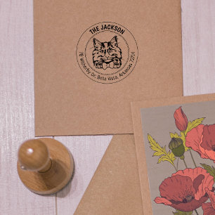 Cat Norwegian Forest Family Return Address  Rubber Stamp