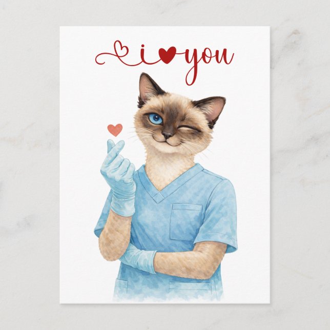 Cat Nurse with Mini Heart sending Love Postcard (Front)