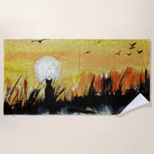Cat Obsessed By The Moon Beach Towel