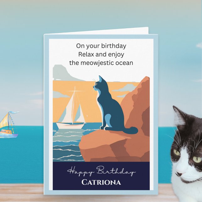 Cat Ocean View Retro Personalised Happy Birthday Card (A personalized birthday card with picture of a cat looking out to sea and funny caption)