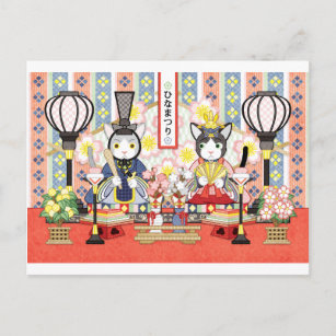 Cat of Japanese Doll Festival of 3rd March Postcard