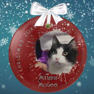 Cat on 2025 Red Splatter Pattern Christmas Glass Tree Decoration