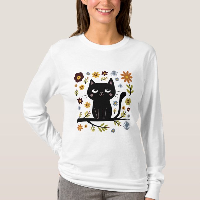 Cat On a Branch Drawing Long Sleeve T-Shirt (Front)