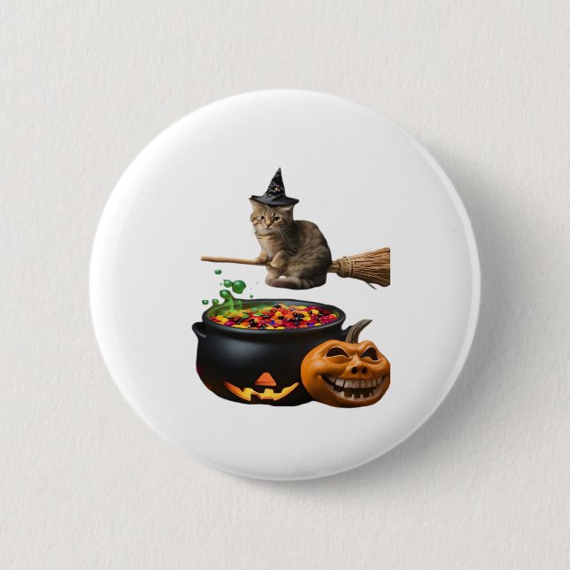 Cat on a broomstick on Halloween. Classic T-Shirt 6 Cm Round Badge (Front)