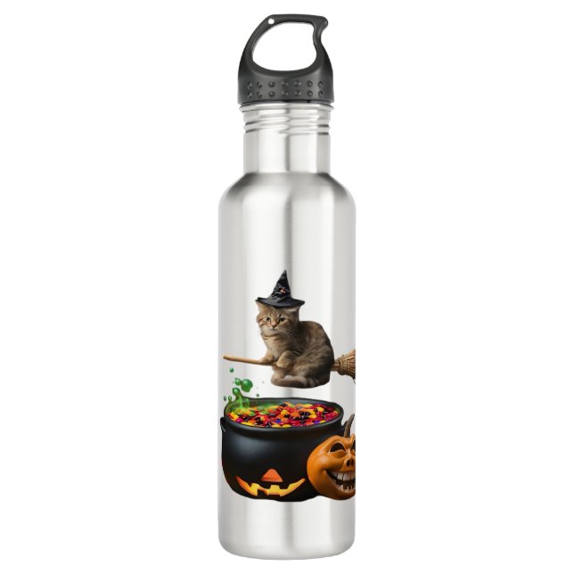 Cat on a broomstick on Halloween. Classic T-Shirt 710 Ml Water Bottle (Front)