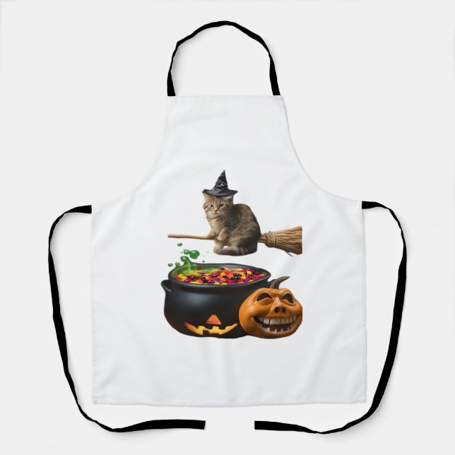 Cat on a broomstick on Halloween. Classic T-Shirt Apron (Front)