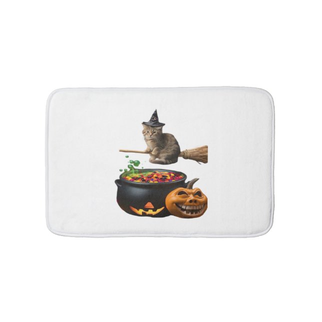 Cat on a broomstick on Halloween. Classic T-Shirt Bath Mat (Front)