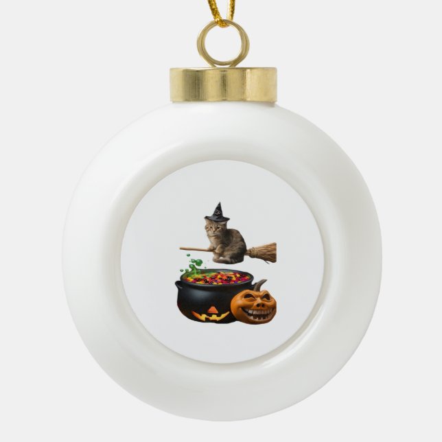 Cat on a broomstick on Halloween. Classic T-Shirt Ceramic Ball Christmas Ornament (Front)