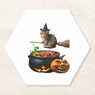 Cat on a broomstick on Halloween. Classic T-Shirt Paper Coaster