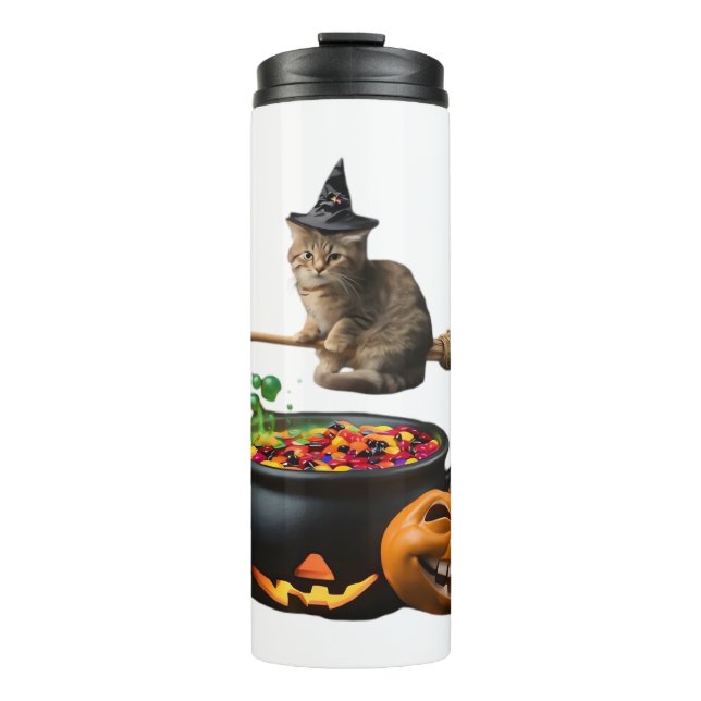 Cat on a broomstick on Halloween. Classic T-Shirt Thermal Tumbler (Front)