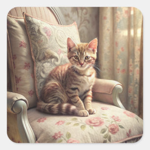 Cat on a chair (Shabby Chic) Square Sticker