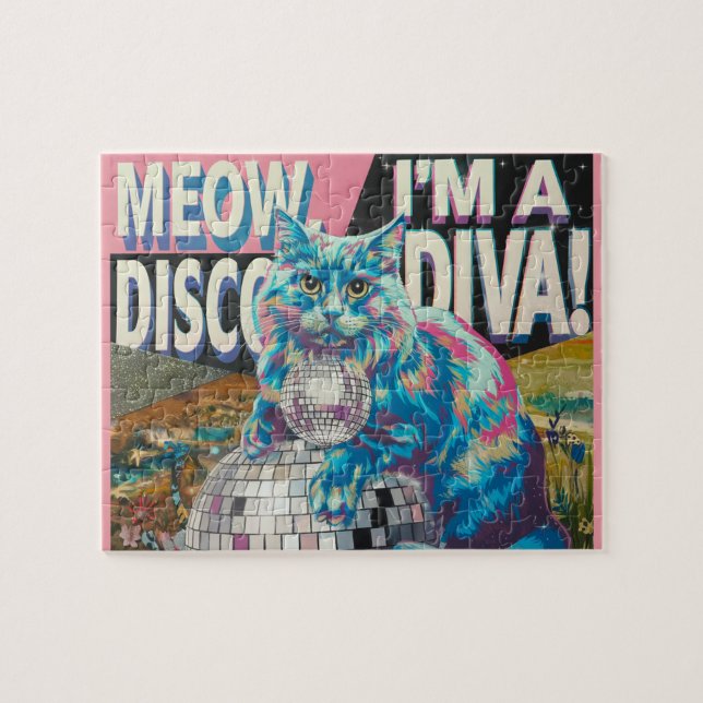 cat on a disco ball disco diva jigsaw puzzle (Horizontal)