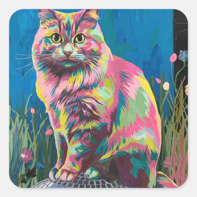 cat on a disco ball square sticker (Front)